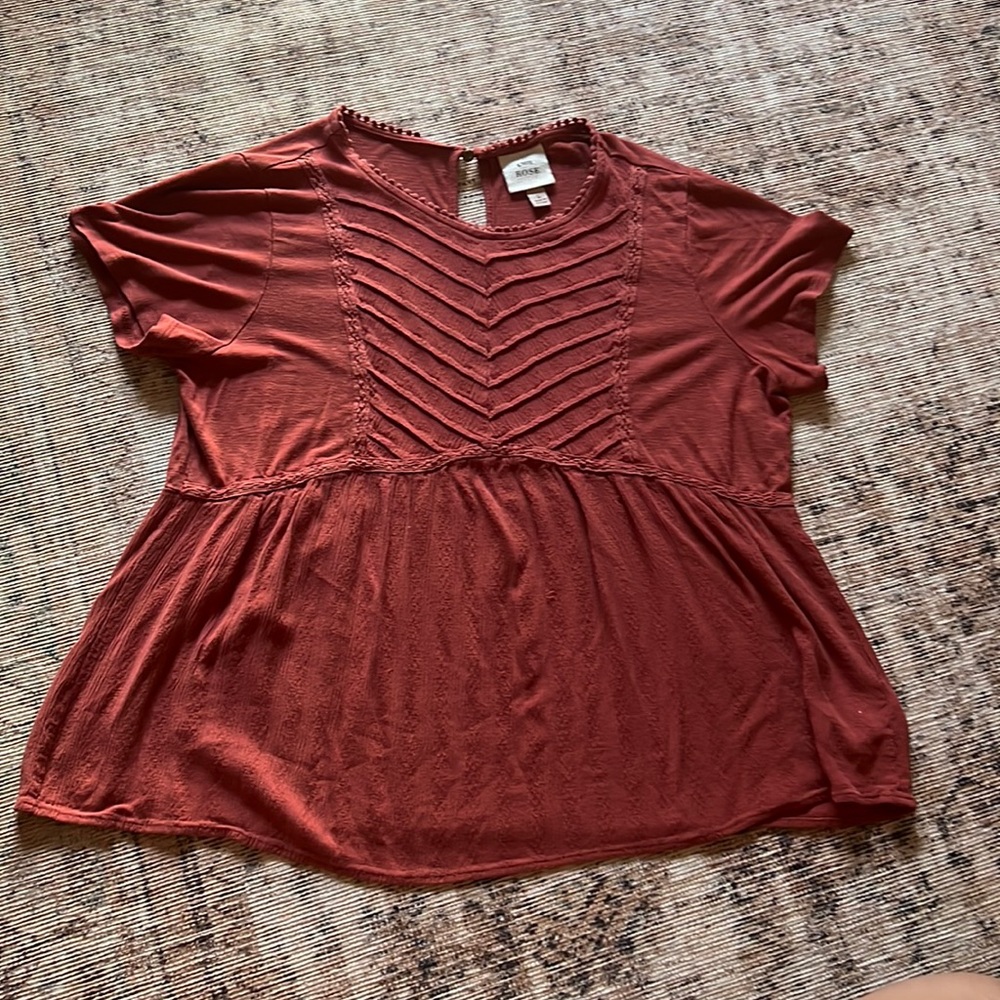 Knox Rose Womens Red Peplum Blouse Size L Short Sleeve V-Neck Rayon Summer Boho